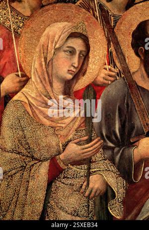 DUCCIO di Buoninsegna (né vers 1255, Sienne, d. 1319, Sienne) Maestà (détail) 1308-11 Tempera sur bois Museo dell'Opera del Duomo, Sienne ce détail montre Sainte Catherine d'Alexandrie sur le côté gauche du Maestà. --- mots-clés : ------------- Auteur : DUCCIO di Buoninsegna titre : Maestà (détail) chronologie : 1301-1350 École : italienne forme : peinture type : religieux Banque D'Images