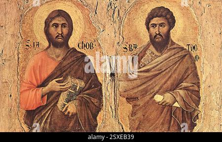 DUCCIO di Buoninsegna (né vers 1255, Sienne, d. 1319, Sienne) Maestà (détail) 1308-11 Tempera sur bois, 37 x 23 cm (taille du détail) Museo dell'Opera del Duomo, Sienne le détail représente les apôtres Jacques le moins et Bartholomée en haut à droite du Maestà. --- mots-clés : ------------- Auteur : DUCCIO di Buoninsegna titre : Maestà (détail) chronologie : 1301-1350 École : italienne forme : peinture type : religieux Banque D'Images