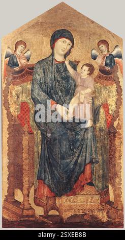 DUCCIO di Buoninsegna (né vers 1255, Sienne, d. 1319, Sienne) Maestà 1280s Tempera sur bois, 218 x 118 cm Chiesa dei servi, Bologne peint avec Cimabue. Le retable de Bologne et la Vierge de Gualino anticipent l'habileté que Duccio devait montrer en modifiant les traits de son professeur, en adoucissant les contrastes trop durs de ligne et de couleur. --- mots-clés : ------------- Auteur : DUCCIO di Buoninsegna titre : Maestà chronologie : 1301-1350 École : italienne forme : peinture type : religieux Banque D'Images