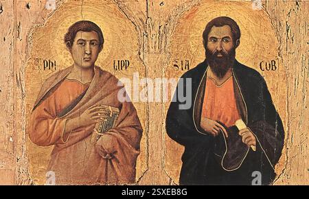 DUCCIO di Buoninsegna (né vers 1255, Sienne, d. 1319, Sienne) Maestà (détail) 1308-11 Tempera sur bois, 37 x 23 cm (taille du détail) Museo dell'Opera del Duomo, Sienne le détail représente les apôtres Philippe et Jacques le plus grand en haut à gauche du Maestà. --- mots-clés : ------------- Auteur : DUCCIO di Buoninsegna titre : Maestà (détail) chronologie : 1301-1350 École : italienne forme : peinture type : religieux Banque D'Images