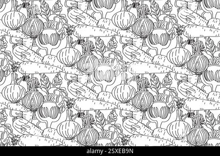 Motif sans couture d'art de ligne avec des carottes, des oignons, des betteraves illustration vectorielle. Contour dessiné à la main répétant le fond de motif de légumes. Conception graphique Illustration de Vecteur