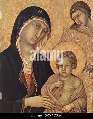 DUCCIO di Buoninsegna (né vers 1255, Sienne, d. 1319, Sienne) Maestà (détail) 1308-11 Tempera sur bois, 84 x 69 cm (taille du détail) Museo dell'Opera del Duomo, Sienne L'enfant ne fait ni un geste de bénédiction ni se tourne vers sa mère mais regarde silencieusement les fidèles. Voir la description détaillée du travail dans la visite guidée #8. --- mots-clés : ------------- Auteur : DUCCIO di Buoninsegna titre : Maestà (détail) chronologie : 1301-1350 École : italienne forme : peinture type : religieux Banque D'Images