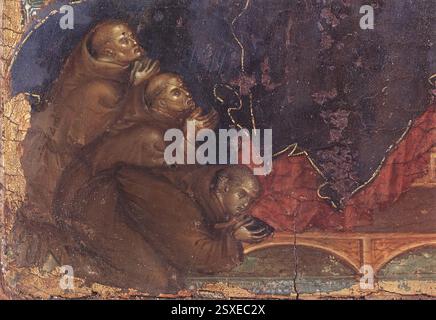 DUCCIO di Buoninsegna (né vers 1255, Sienne, d. 1319, Sienne) Madone des Franciscains (détail) c. 1300 Tempera sur bois, 23,5 x 16 cm (peinture complète) Pinacoteca Nazionale, Sienne le détail montre les trois frères agenouillés, pour qui la bénédiction de l'enfant est destinée. --- mots-clés : ------------- Auteur : DUCCIO di Buoninsegna titre : Madone des Franciscains (détail) chronologie : 1301-1350 École : italienne forme : peinture type : religieux Banque D'Images