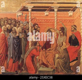 DUCCIO di Buoninsegna (né vers 1255, Sienne, d. 1319, Sienne) Couronne d'épines 1308-11 Tempera sur bois, 50 x 53,5 cm Museo dell'Opera del Duomo, Sienne la composition adhère fidèlement à la source écrite et la scène est illustrée dans les moindres détails. --- mots-clés : ------------- Auteur : DUCCIO di Buoninsegna titre : Crown of Thorns chronologie : 1301-1350 École : italienne forme : peinture type : religieux Banque D'Images