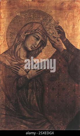 DUCCIO di Buoninsegna (né vers 1255, Sienne, d. 1319, Sienne) couronnement de la Vierge 1308-11 Tempera sur bois, 51,5 x 32 cm Musée des Beaux-Arts, Budapest C'est un fragment du panneau du fronton central du Maestà. --- mots-clés : ------------- Auteur : DUCCIO di Buoninsegna titre : couronnement de la Vierge chronologie : 1301-1350 École : italienne forme : peinture type : religieux Banque D'Images