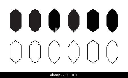 Élégantes formes traditionnelles de fenêtres islamiques dans un style oriental. Cadres design Ramadan. Ensemble de silhouette noire eid moubarak et ramadan design. Mus arabe Illustration de Vecteur