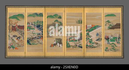 Une paire d'écrans pliants de six panneaux représentant des scènes du 'conte du Genji', peint par l'école d'Iwasa dans la seconde moitié du XVIIe siècle. L'œuvre utilise de l'encre et de la couleur sur papier, mettant en valeur des éléments de la littérature japonaise et de l'art de l'époque d'Edo. Banque D'Images