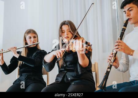 Trois musiciens jouant du violon, de la flûte et de la clarinette dans un cadre intérieur Banque D'Images