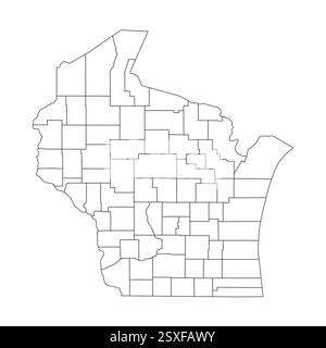 Wisconsin, WI - carte politique détaillée de l'état américain. Carte administrative divisée en comtés. Carte blanche fine avec contour noir. Illustration vectorielle Illustration de Vecteur