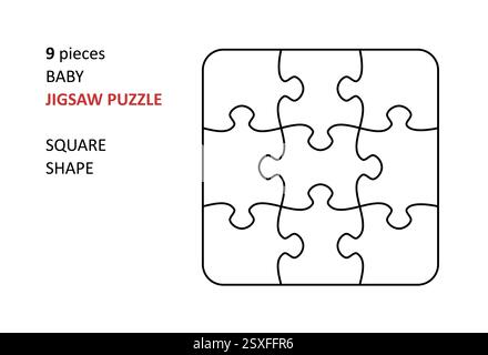 Gabarit vierge de puzzle. Conception de grille de lignes de coupe pour puzzle carré de bébé jigsaw - 9 pièces. Illustration de Vecteur