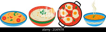 Houmous, couscous, shakshuka, soupe de lentilles. Cuisine turque traditionnelle. Illustration vectorielle dessinée à la main Illustration de Vecteur