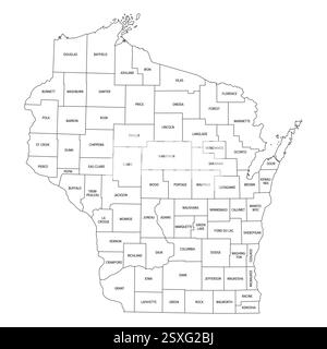 État du Wisconsin subdivisé en 72 comtés, carte de contour. Un État de la région des grands Lacs du Haut Midwest des États-Unis. Banque D'Images