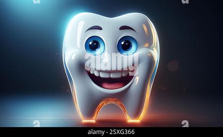 Un caractère dentaire joyeux favorise les bonnes pratiques dentaires avec un sourire amical et des yeux brillants. Banque D'Images