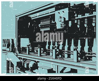 Illustration vectorielle stylisée d'un gros plan de convoyeur de bouteilles dans un style d'affiche rétro Illustration de Vecteur
