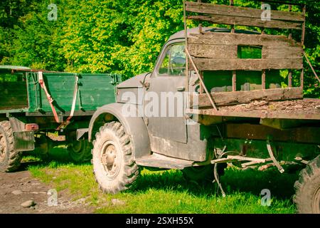 Un camion vintage classique repose dans une zone verdoyante à côté d'une remorque en bois. La lumière du soleil filtre à travers les arbres, mettant en évidence l'usure du camion Banque D'Images