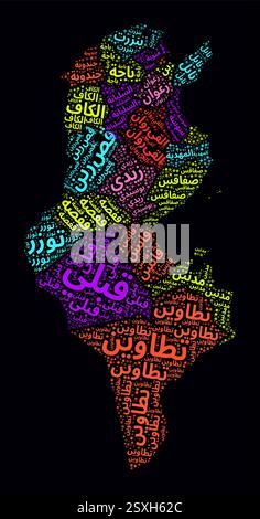 Tunisie Word Cloud. Noms de région du pays en langue arabe. Design de style néon lumineux sur fond sombre. Illustration de Vecteur