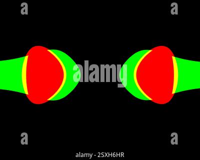 Formes abstraites horizontales épaisses faisceau vert clair avec remplissage rouge, flèches pointues ou poings, conception symétrique sur fond noir Banque D'Images