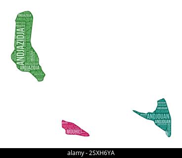 Forme Comores. Nuage de mots de pays avec division de région. Comores illustration colorée. Nuage de noms de région. Illustration vectorielle. Illustration de Vecteur