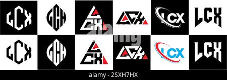 Conception de logo lettre LCX dans le style six. LCX polygone, cercle, triangle, hexagone, style plat et simple avec variation de couleur noir et blanc lettre logo se Illustration de Vecteur