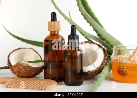 Traitement capillaire. Produits cosmétiques, peigne, miel, noix de coco et feuilles d'aloès sur fond blanc Banque D'Images