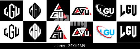 Conception de logo de lettre LGU dans le style six. LGU polygone, cercle, triangle, hexagone, style plat et simple avec variation de couleur noir et blanc lettre logo se Illustration de Vecteur