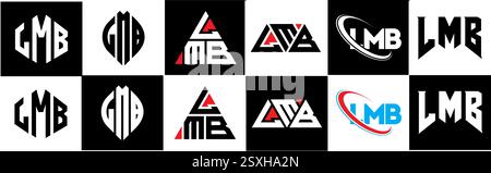 Conception de logo de lettre LMB dans le style six. LMB polygone, cercle, triangle, hexagone, style plat et simple avec variation de couleur noir et blanc lettre logo se Illustration de Vecteur