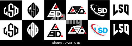 Conception de logo de lettre LSD dans le style six. LSD polygone, cercle, triangle, hexagone, style plat et simple avec couleur noir et blanc variation lettre logo se Illustration de Vecteur