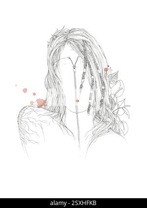 Portrait de femme fragile et contraint. Peur, otage, se cacher du monde, honte concept art Banque D'Images