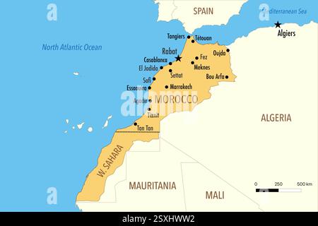 Carte du Maroc et du Sahara Occidental avec les grandes villes et les pays voisins Banque D'Images