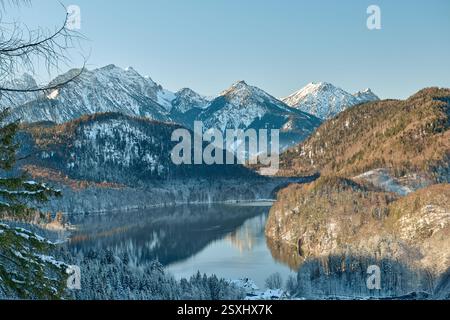 Une vue panoramique époustouflante capture l'essence d'une scène hivernale de conte de fées dans les Alpes bavaroises. Un château de renommée mondiale perche majestueusement au sommet d'un Snow-c Banque D'Images