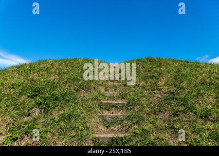 Un escalier en planches en bois sur une colline escarpée par une journée ensoleillée avec un ciel bleu vif et de l'herbe verte au printemps. Banque D'Images