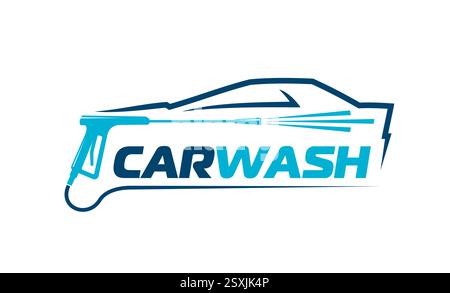 Icône de service de lavage de voiture avec un nettoyeur haute pression bleu pulvérisant de l'eau sur un contour de voiture stylisé avec un texte de lavage de voiture en gras intégré, soulignant Illustration de Vecteur