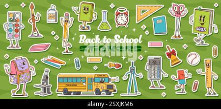 Lot d'autocollants personnages scolaires groovy. Rétro hippie retour à la papeterie de l'école et fournit des personnages vectoriels. Livre groovy de dessin animé, crayons, Illustration de Vecteur