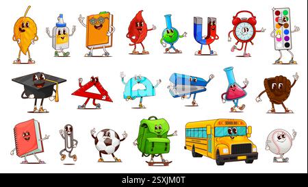 École et l'éducation groovy personnages de dessins animés drôles de fournitures scolaires et de papeterie. Livre étudiant hippie rétro, sac, règles et personne de vecteur de peinture Illustration de Vecteur