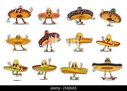 Personnages de chapeau sombrero mexicain groovy drôle avec sourire heureux, emoji de dessin animé vectoriel. Personnages de dessins animés sombrero mexicains groovy avec un visage idiot funky Illustration de Vecteur