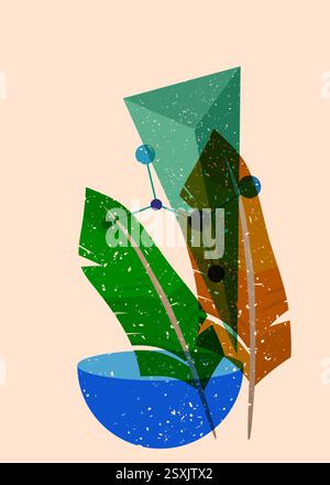Risograph Feather avec des formes géométriques. Les objets dans le graphique riso à la mode impriment la conception de style de texture avec des éléments géométriques. Illustration de Vecteur