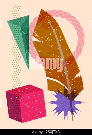 Risograph Feather avec des formes géométriques. Les objets dans le graphique riso à la mode impriment la conception de style de texture avec des éléments géométriques. Illustration de Vecteur