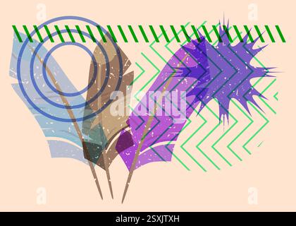 Risograph Feather avec des formes géométriques. Les objets dans le graphique riso à la mode impriment la conception de style de texture avec des éléments géométriques. Illustration de Vecteur