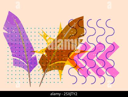 Risograph Feather avec des formes géométriques. Les objets dans le graphique riso à la mode impriment la conception de style de texture avec des éléments géométriques. Illustration de Vecteur