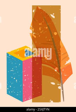 Risograph Feather avec des formes géométriques. Les objets dans le graphique riso à la mode impriment la conception de style de texture avec des éléments géométriques. Illustration de Vecteur