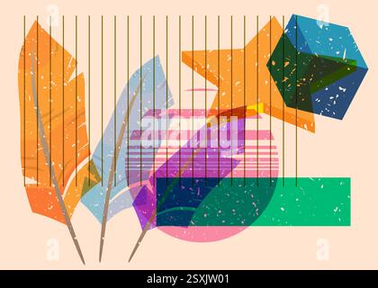 Risograph Feather avec des formes géométriques. Les objets dans le graphique riso à la mode impriment la conception de style de texture avec des éléments géométriques. Illustration de Vecteur
