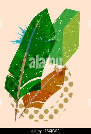 Risograph Feather avec des formes géométriques. Les objets dans le graphique riso à la mode impriment la conception de style de texture avec des éléments géométriques. Illustration de Vecteur