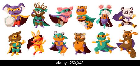 Illustration vibrante mettant en vedette divers animaux de bande dessinée comme l'éléphant et le panda habillés en super-héros dans des costumes colorés avec des capes et des masques prêts Illustration de Vecteur