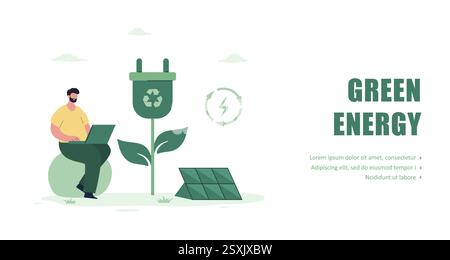 Énergie verte. CO2 neutre. Panneaux solaires. Faible teneur en carbone et responsabilité environnementale. Les gens vivent la vie écologique. Sources d'énergie alternatives. Vecteur Illustration de Vecteur