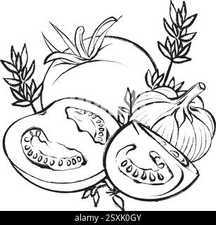 Dessin vectoriel noir et blanc de tomates entières et tranchées avec de l'ail et des herbes aromatiques. Convient pour l'emballage, les menus, l'image de marque des restaurants et les projets culinaires. Illustration de Vecteur