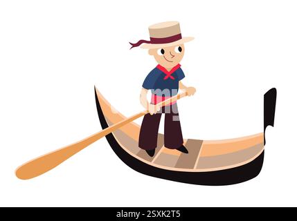 Gondolier sur gondole. Personnes et activités traditionnelles en Italie. Symboles et illustration vectorielle isolée sur fond blanc. Illustration de Vecteur