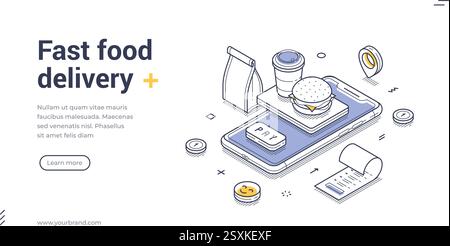 Modèle de bannière Web de livraison de restauration rapide. Il présente des articles comme un hamburger, une boisson et un reçu de commande, mettant en évidence un concept de service de livraison. Isométrique Illustration de Vecteur