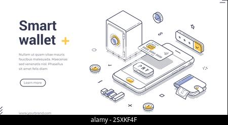 Portefeuille intelligent sur un appareil mobile, modèle de bannière Web présentant la technologie financière moderne. Paiement numérique à l'aide de l'application bancaire mobile. Isométrique moderne Illustration de Vecteur