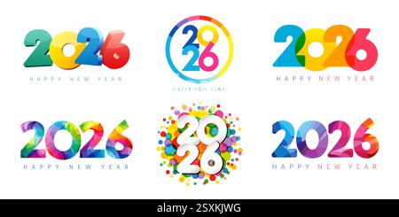 2026 grand ensemble coloré de conception de logo de bonne année. Modèles de conception verticaux et horizontaux 20 26 pour les cartes de vœux du nouvel an ou les couvertures de calendrier Illustration de Vecteur