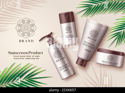 Bannière vectorielle de produit cosmétique de protection solaire. Élément de bouteille de maquette de crème solaire de lotion blanchissante, crème solaire ultra et crème de protection solaire pour l'été Illustration de Vecteur